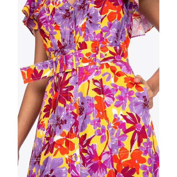 New $545 TANYA TAYLOR Linen Blend Inez Midi Dress Belted Floral A-Line Wedding - Picture 3 of 16